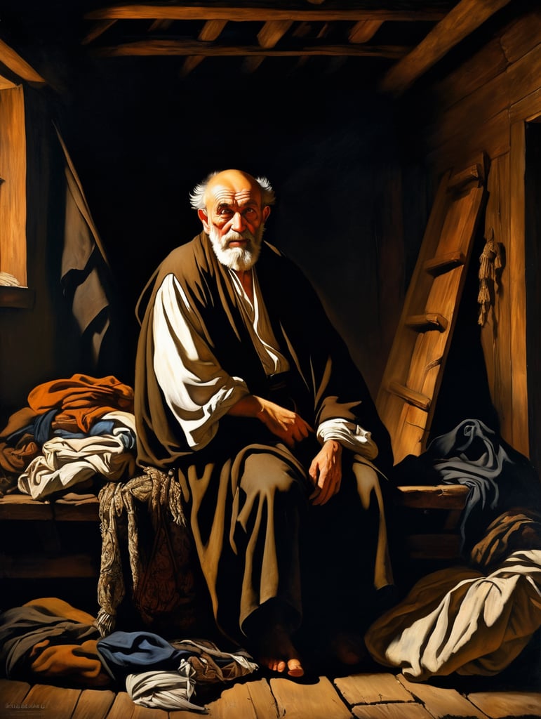 A masterpiece painting by Caravaggio and Rembrandt, fullshot view of a bearded old man, suffering, lying on a pile of old clothes, surrounded by beautiful masterpiece paintings, in a poor wooden house, at very dark night at the shadows