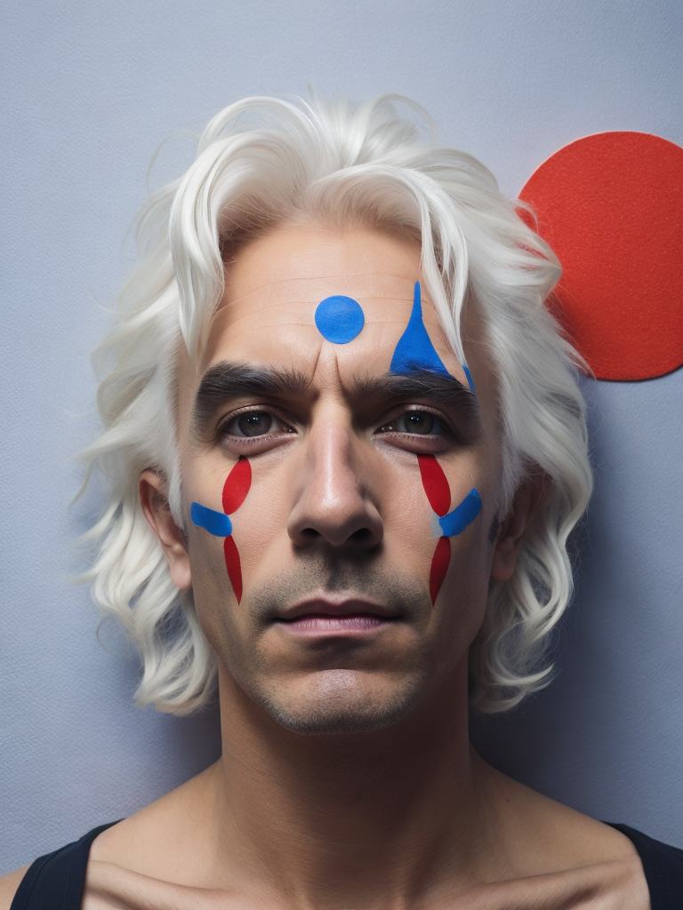 a man with white hair and a face painted like a man with red and blue circles on his face by Alejandro Jodorowsky