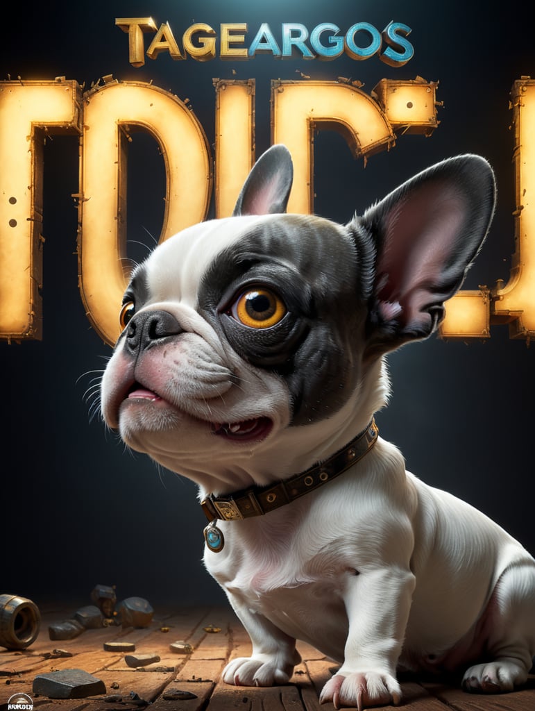 A Disney Pixar-inspired movie poster with title "Argos". In the image a white french bulldog with a black rigth eye and nose beside, with black eyes and a smiling face. The scene should be in the distinct digital art style of Pixar, with a focus on character expressions, vibrant colors, and detailed textures that are characteristic of th animations, with the title "Argos"