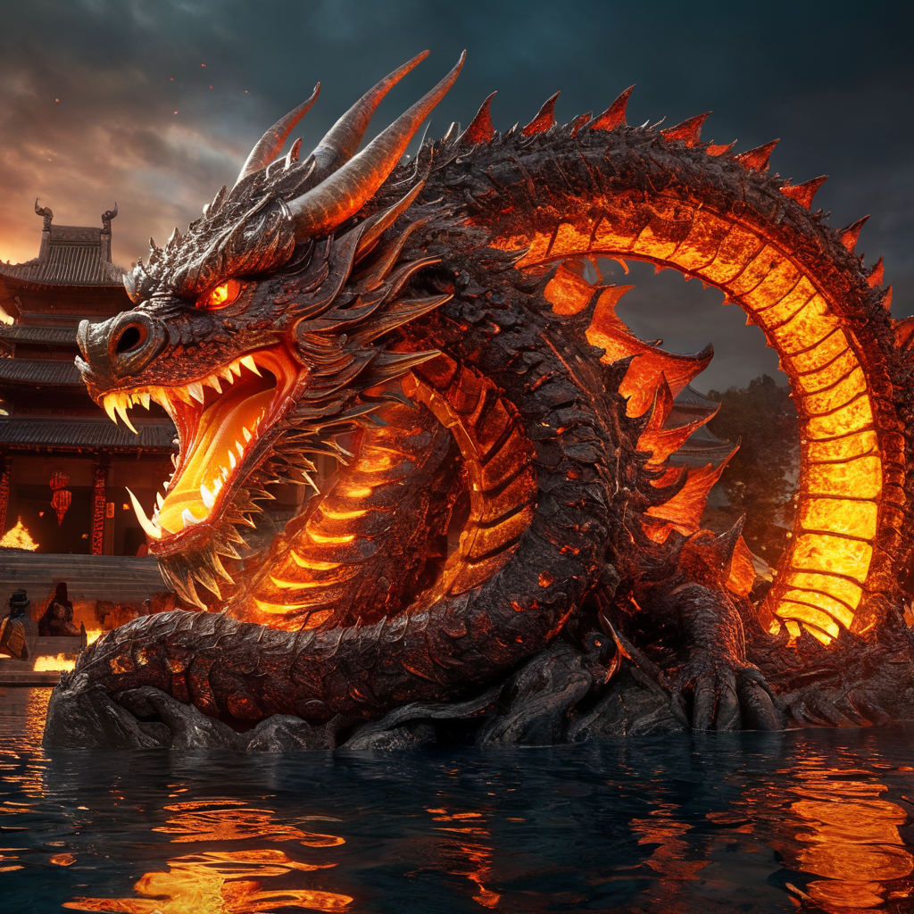 A liquid molten iron asian dragon(masterpiece, intricate and detailed, fiery glow) emerging from a pool.of molten magma (fiery , magma glow) , 500 mp uhd, extremely realistic , sharp focus , no blur denoise