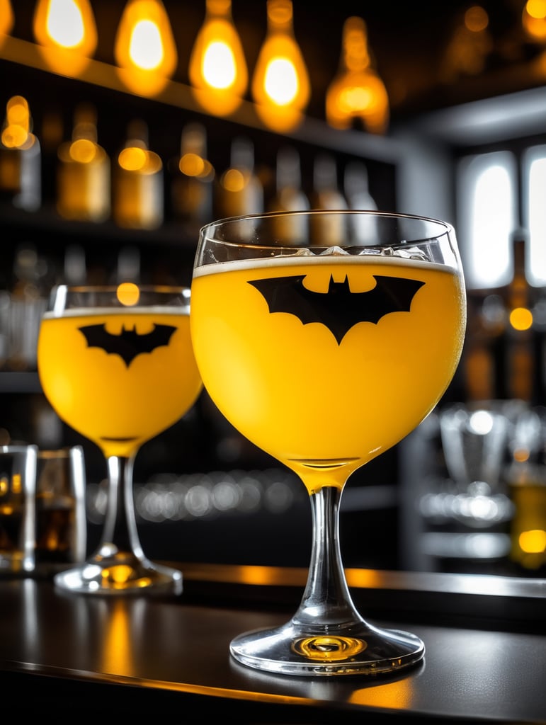 yellow and black like batman Drink Snifter Glass in a darkness bar, cinematic lighting, product shot, 4:3, 4k