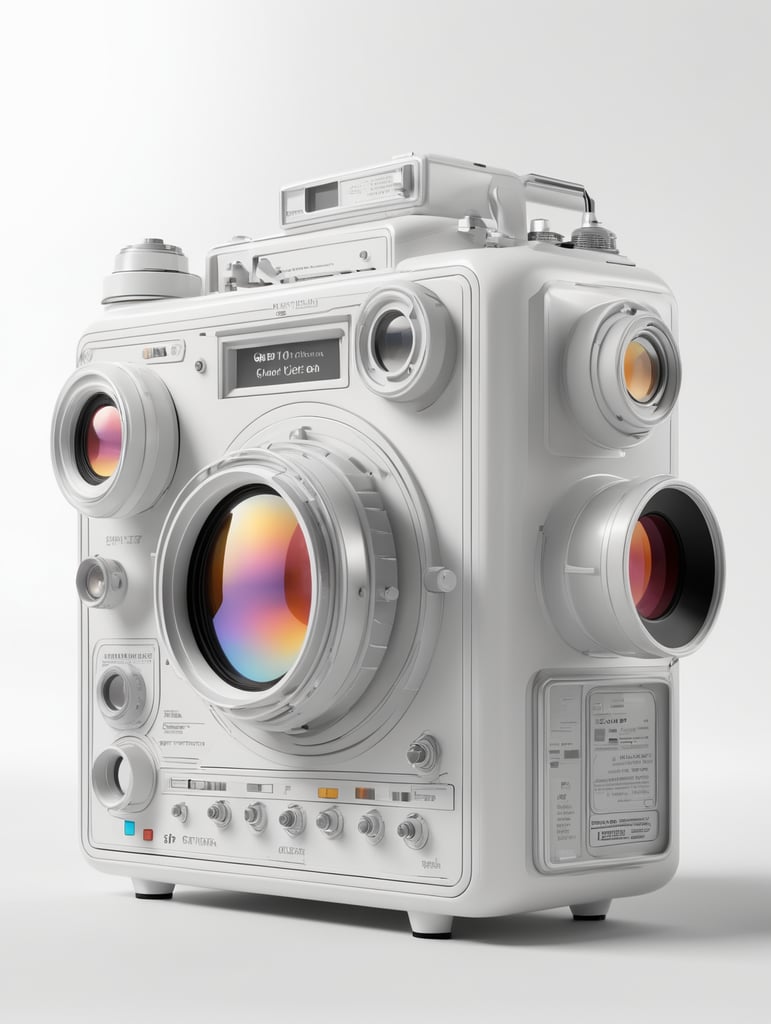 product photo, (retro cyber tech), reflective, Ella Guru, f8 aperture, a 3D render