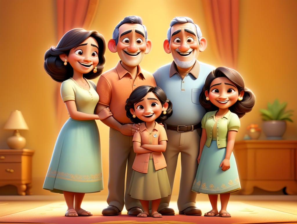 happy Indian family standing for portrait ,grand parents , mother & father , 1 girl, 1 boy, creative, a smiling mouth, standing centred in 3D style, rendered using beautiful Disney animation, Pixar style, Disney style, 3D style