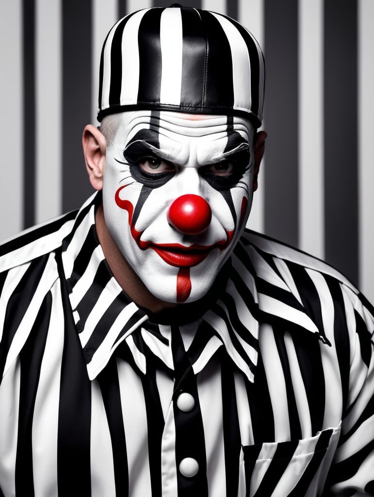 clown in a black and white stripes prison jumpsuit uniform