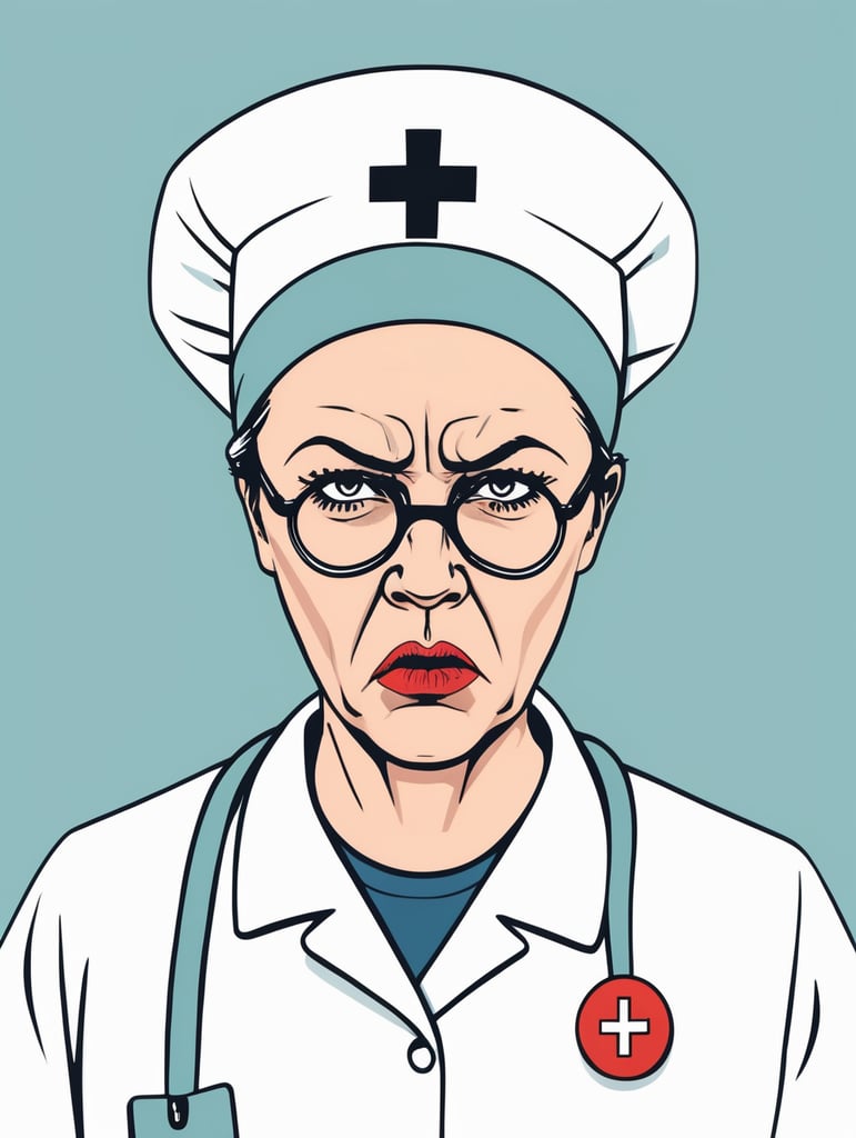 an angry nurse, Illustration, Flat Style, France, style of Jean Jullien