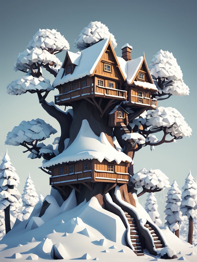 Dwarves' house on a branching tree, a lot of snow, low poly style