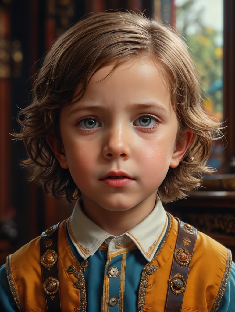 Portrait of a child, three quarters lenght, Wes Anderson style background, bright colors, very detialed