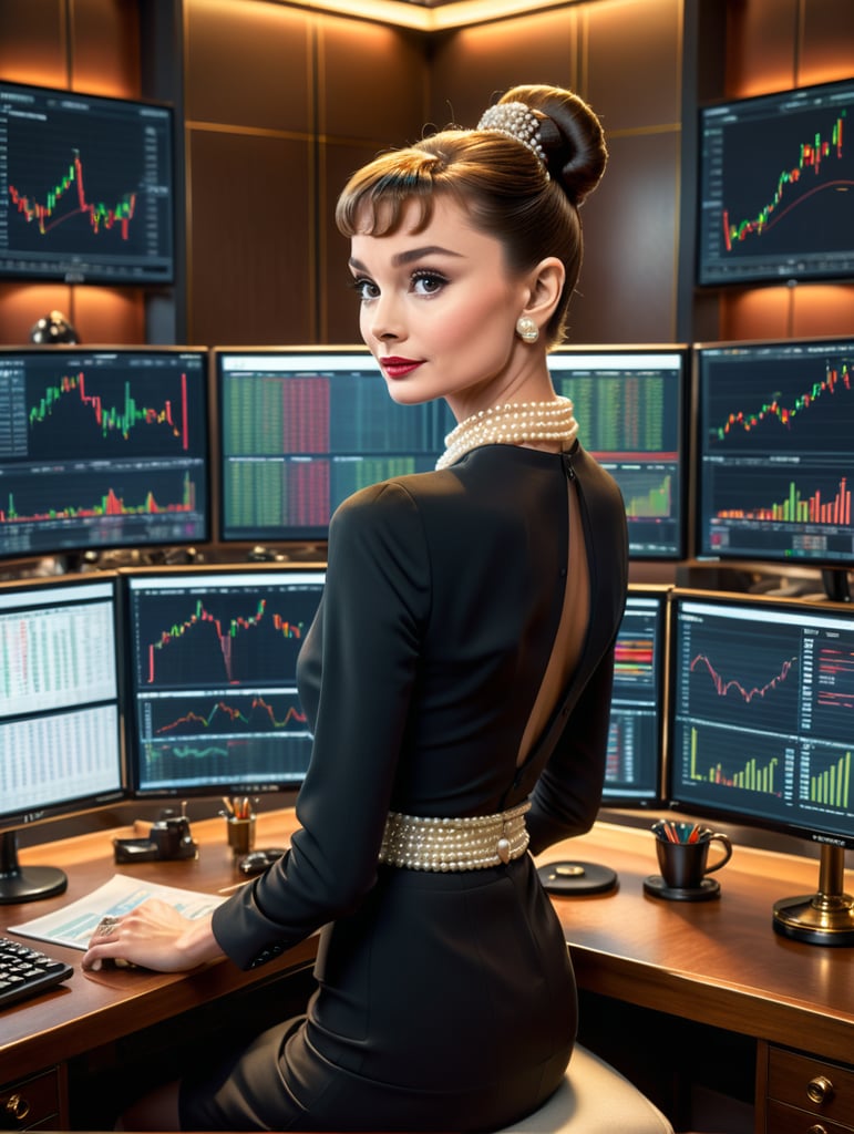 A stunning portrait of Audrey Hepburn as a successful and confident professional trader in her 30s. She is seated at a sleek trading desk, surrounded by multiple monitors displaying financial data and charts. Audrey is elegantly dressed in her iconic style, with her hair swept up in a chic chignon and her signature pearls. Her eyes are focused intently on the screens as she analyzes market trends, her lips curved into a subtle smile. The room is bathed in a warm, golden light, highlighting the intricate details of her clothing and the luxurious furnishings. The overall effect is one of sophistication, intelligence, and quiet determination.