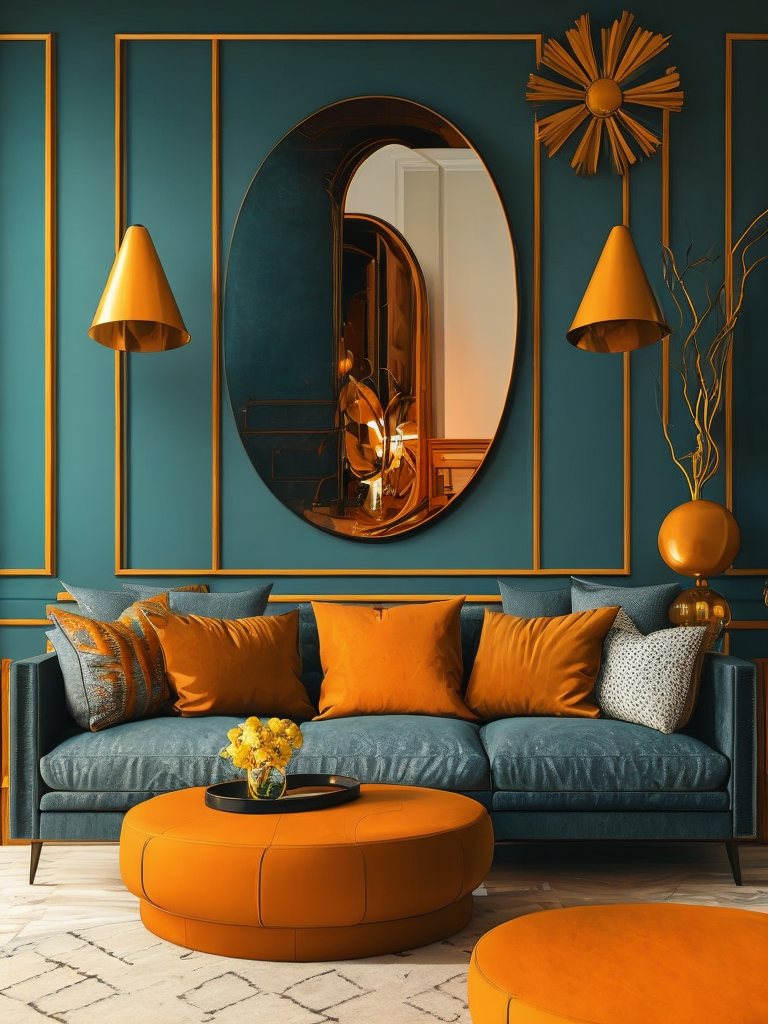 The colorful living room features a colorful sofa in the style of curved mirrors, bold, cartoonish lines, neoclassical style, Filip hondas, moody color schemes, postmodern bricolage, sculptural aesthetics, dark cyan, and light amber