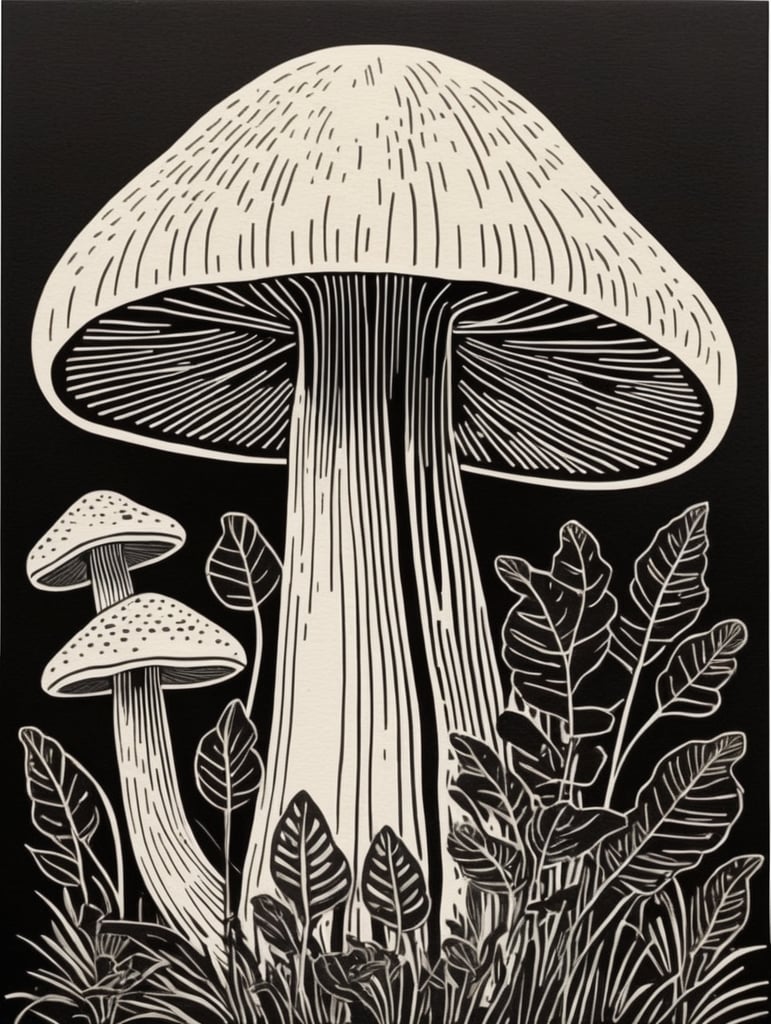 Black and white linocut or woodcut, mushroom, bold lines