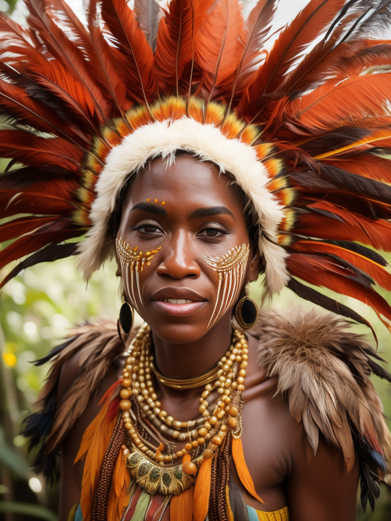 Papua New Guinea woman, vibrant feather head dress, different coloured feathers, chocolate brown dark background, intense light, depth of field, face paint, jungle background