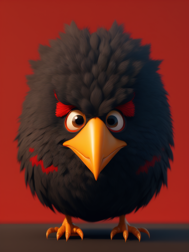 angry birds, black round bird on red background, standing centered in 3D style, rendered using beautiful Disney animation, Pixar style, Disney style, 3D style