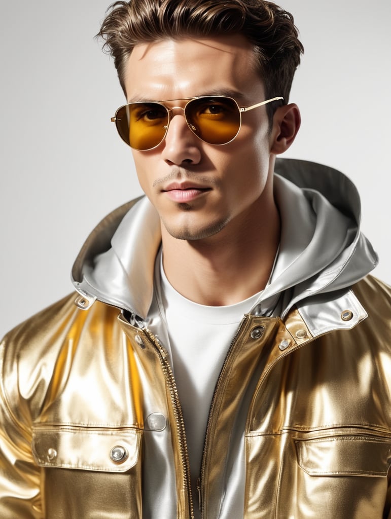 Jacket, futurist, mechanic, gold, silver, shot on leica, fashion portrait, by kith