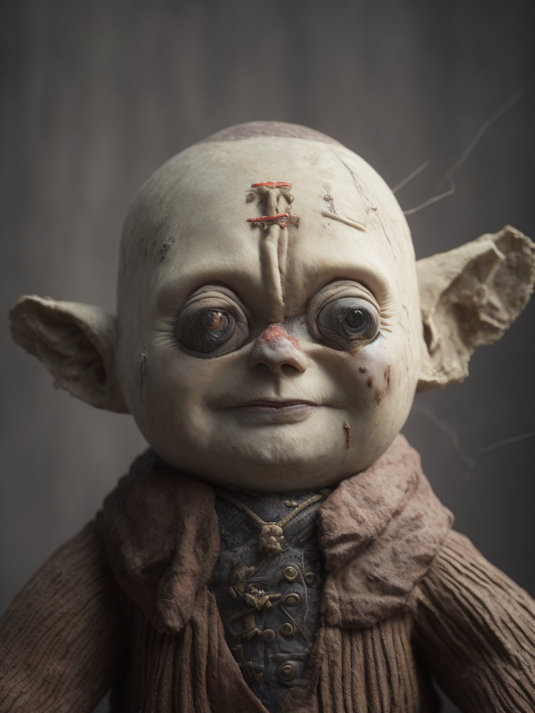 Putin as a voodoo doll with needles and spokes stuck in his body on a round stone table drenched in blood with the dramatic lightning