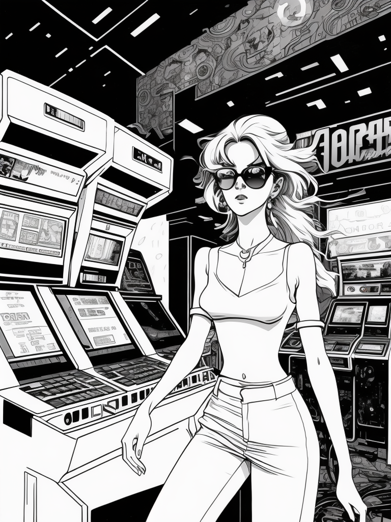 Vintage 90's anime style environmental wide shot of a chaotic arcade at a woman wearing glasses playing an arcade by hajime sorayama, greg tocchini, virgil finlay, sci-fi. line art. environmental arcade art.