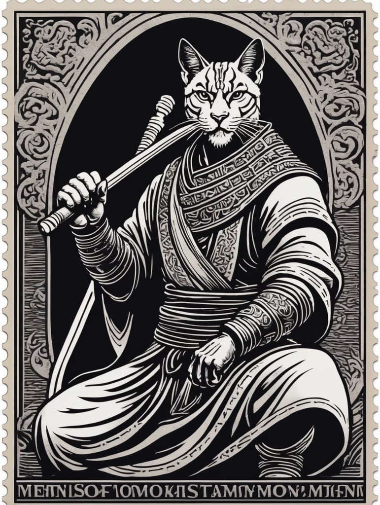 Black and white linocut postage stamp male tabaxi white and black tiger hero monk strong character thick bold dark lines