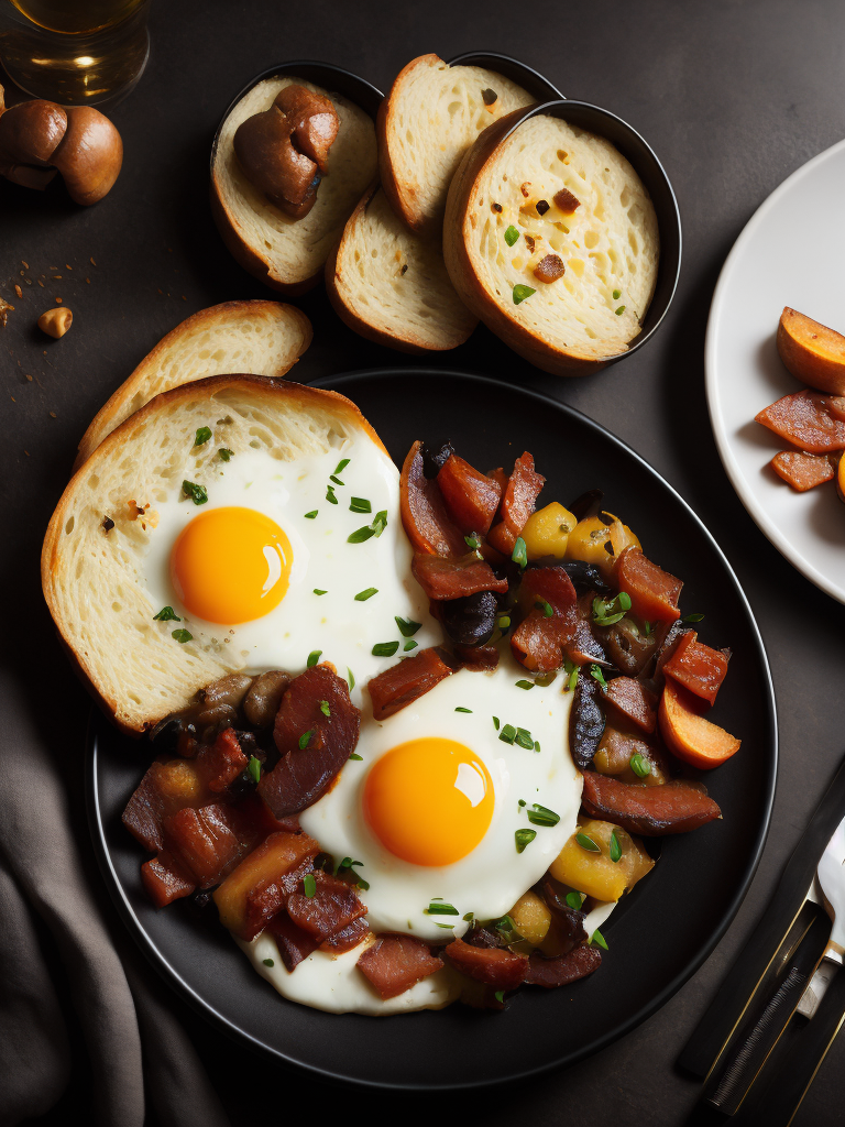 a product photo of fried eggs and bacon and hash browns and black pudding and mushrooms and toast, photorealistic, highly detailed, restaurant background, studio lighting, Canon 5D Mark iii, Canon 85mm prime lens