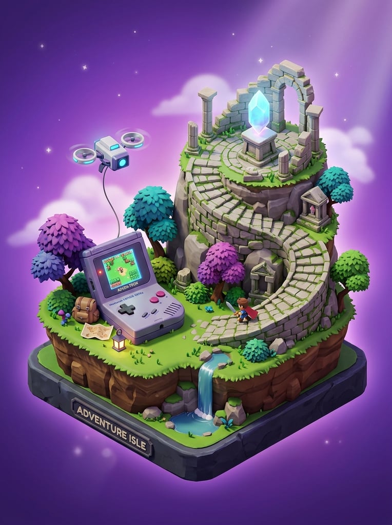 Isometric 3D diorama, floating grassy island, retro handheld console, spiraling stone path, glowing crystal, hovering drone, stone ruins, stylized trees, purple background, soft lighting