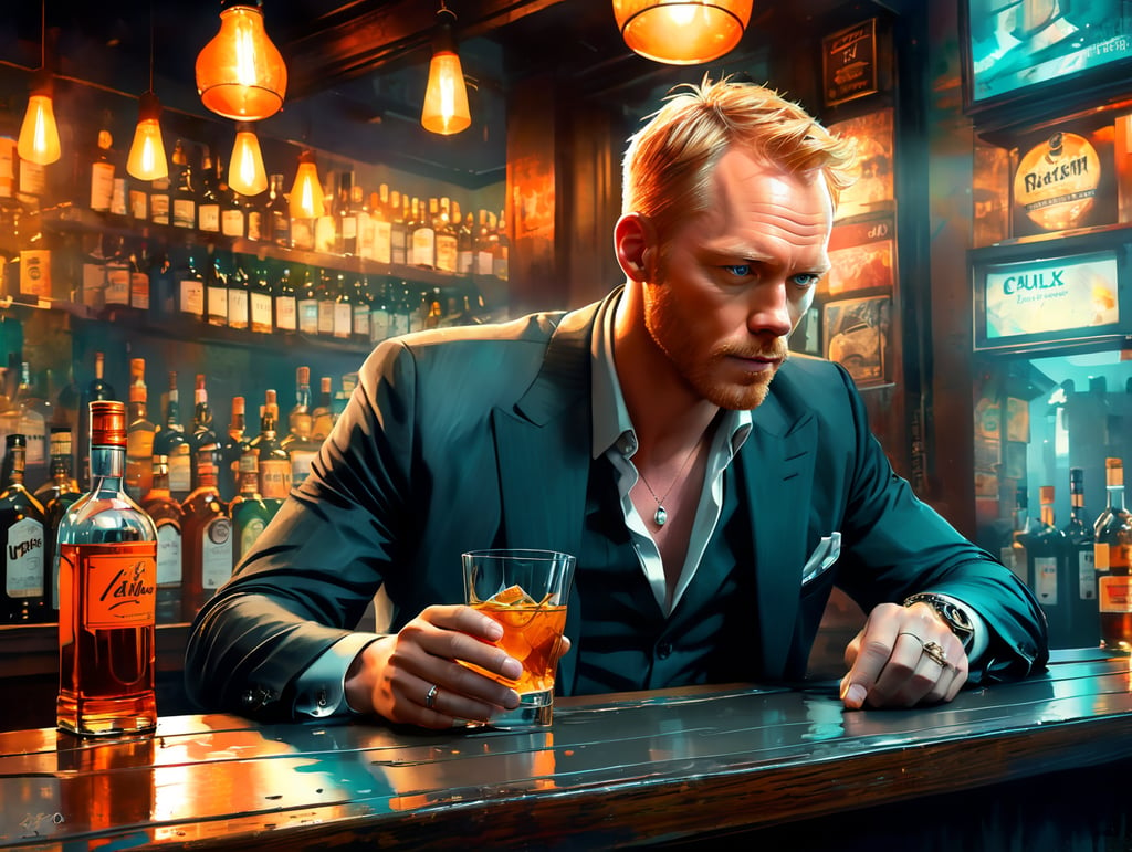 Paul Bettany down on his luck drinking scotch in a sleazy bar