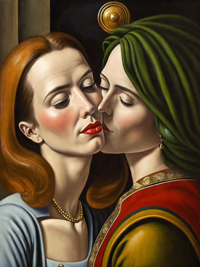 a two women kissing, style of Catherine Nolin, Painting, Acrylic, Oil, Portrait, Interior, USA