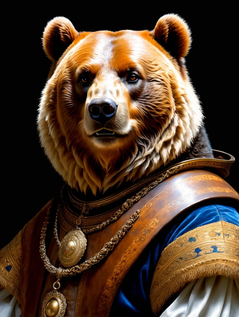 A masterpiece painting by Rembrandt Van Rijn, a Portrait of a bear wearing the typical clothes of the time, Renaissance painting style, 2 3 view, simple background, waist upwards, highly detailed, high contrast