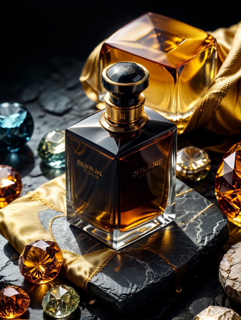 professional photography of a luxury perfume, square bottle, surrounding an amber gems, yellow satin scarf on a background, no label, clear, mockup