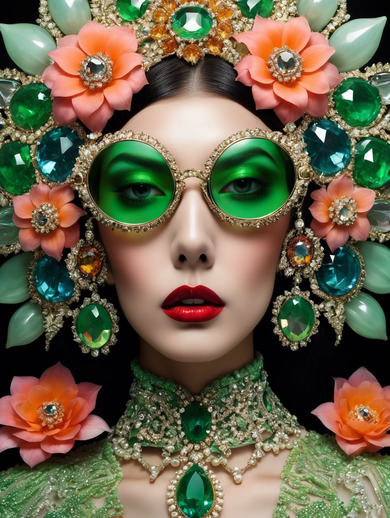 retrofuturism, retro future, 1970, green vampire dracula, insane bizzare eyeglasses, bright, colorful rgb, dream world, Alexander McQueen Glazier demonic boy, monster face, vampire, horrific, arty pose, fashion, massive huge jewelry, precious gems, massive pearls, giant white diamonds, retrofuturistic, crystal, marble, glass, floral, massive big flowers, gem flowers, hyper neon glow, dark, moody, diaphanous layered ultra haute couture, high definition, high resolution, bold vibrant colors , volumetric lighting, 8k, 3d rende, style by dior, style by channel, by Jimmy Marble and Takashi Murakami