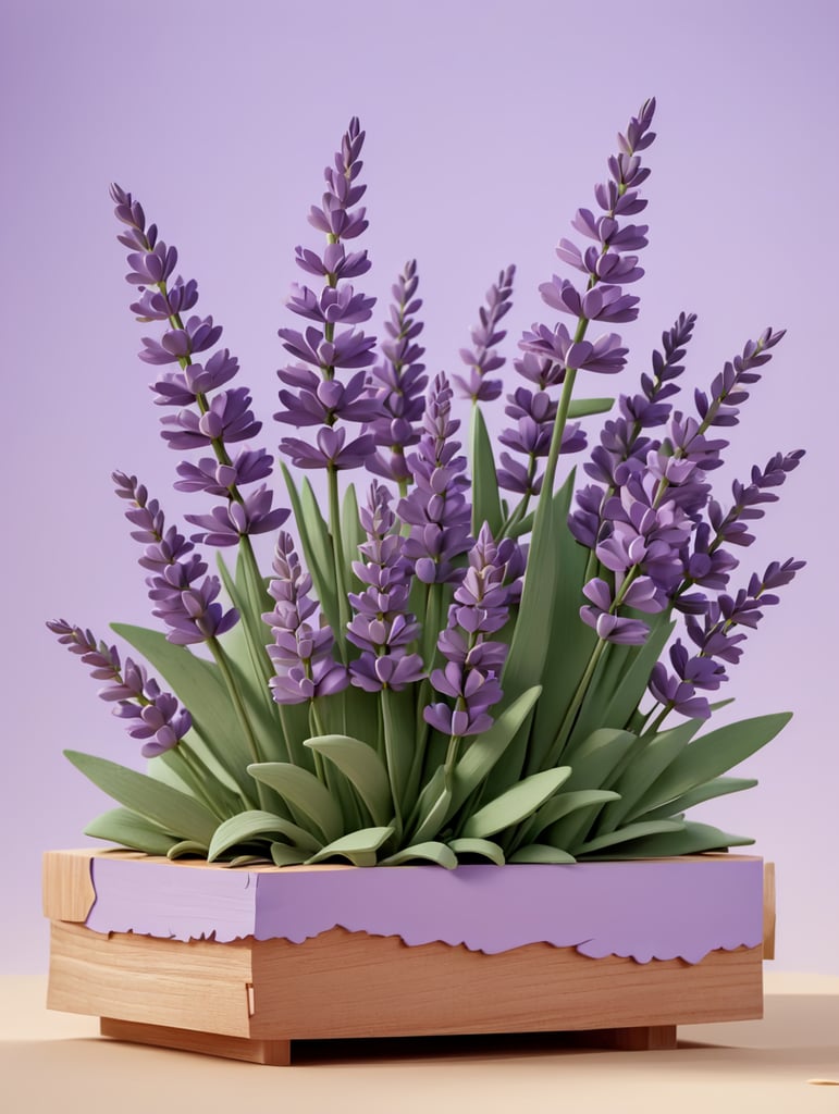 a piece of wood surrounded by small lavender flowers made of paper on a lavender background