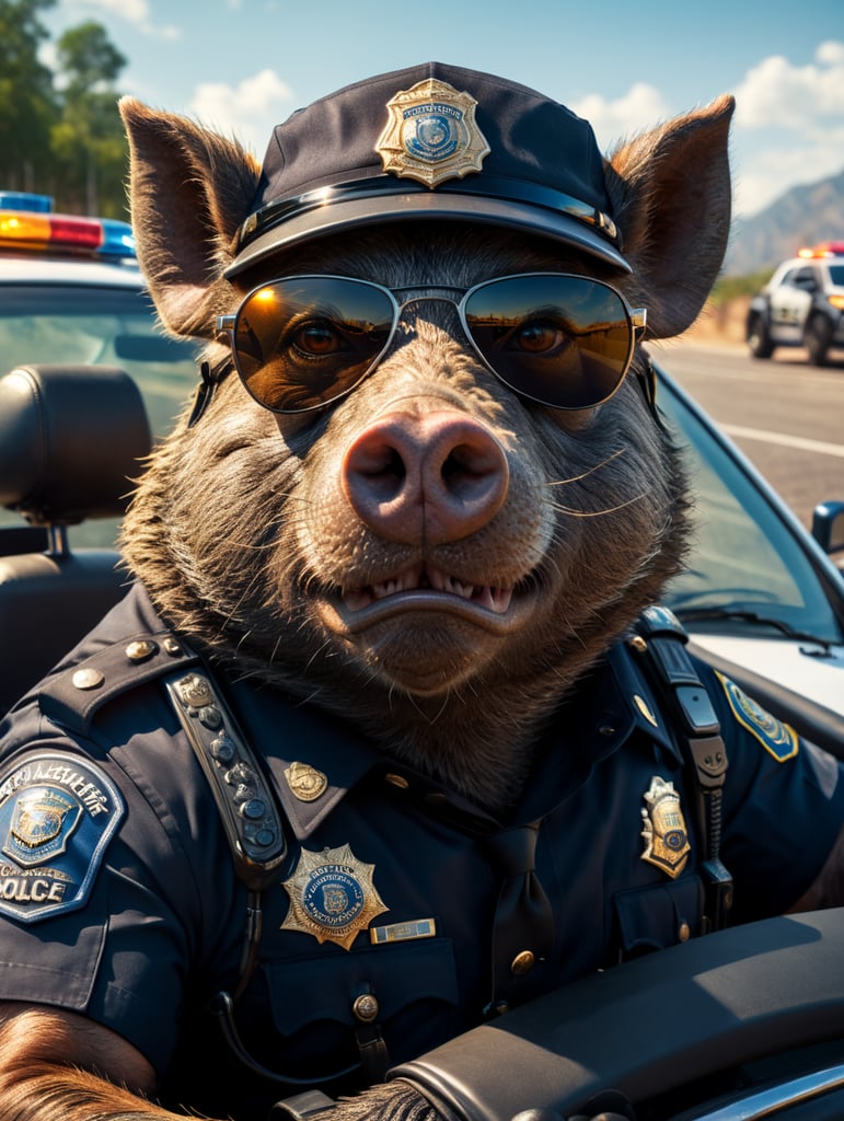 A wild boar police officer, sitting behind the wheel of a police car, close-up shot, sunglasses, clipart, stock photo
