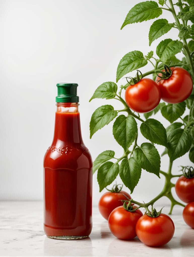 tomato ketchup bottle, red tomato with green leaves, isolated, white background