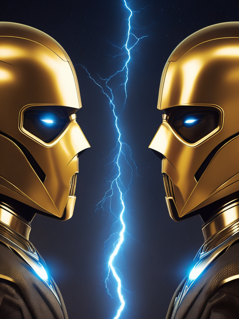 Robot illustration with two faces in the same face, bipolar face, cinematic lightning, like c3po star wars