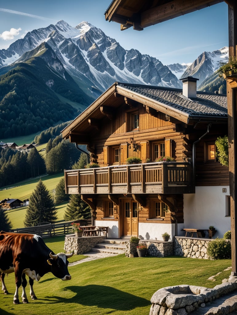 Mountain Austrian chalet, modern, Tyrol, cows, poster style