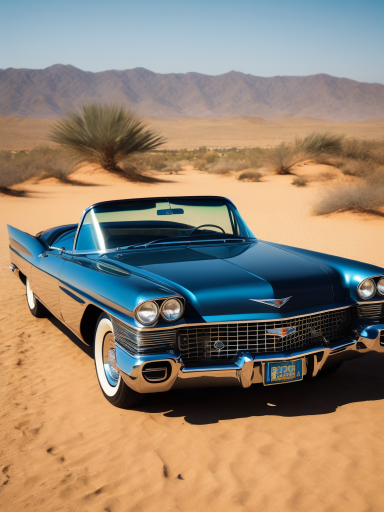 Blue cadillac eldorado 1959 in the desert, dunes on the background, Sunny day, Bright and rich colors, Detailed image