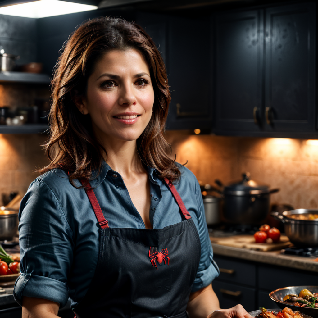 Marisa tomei with loving and happy expression cooking. She is looking to the camera. She is in Spiderman aunt's may kitchen holding dinner.