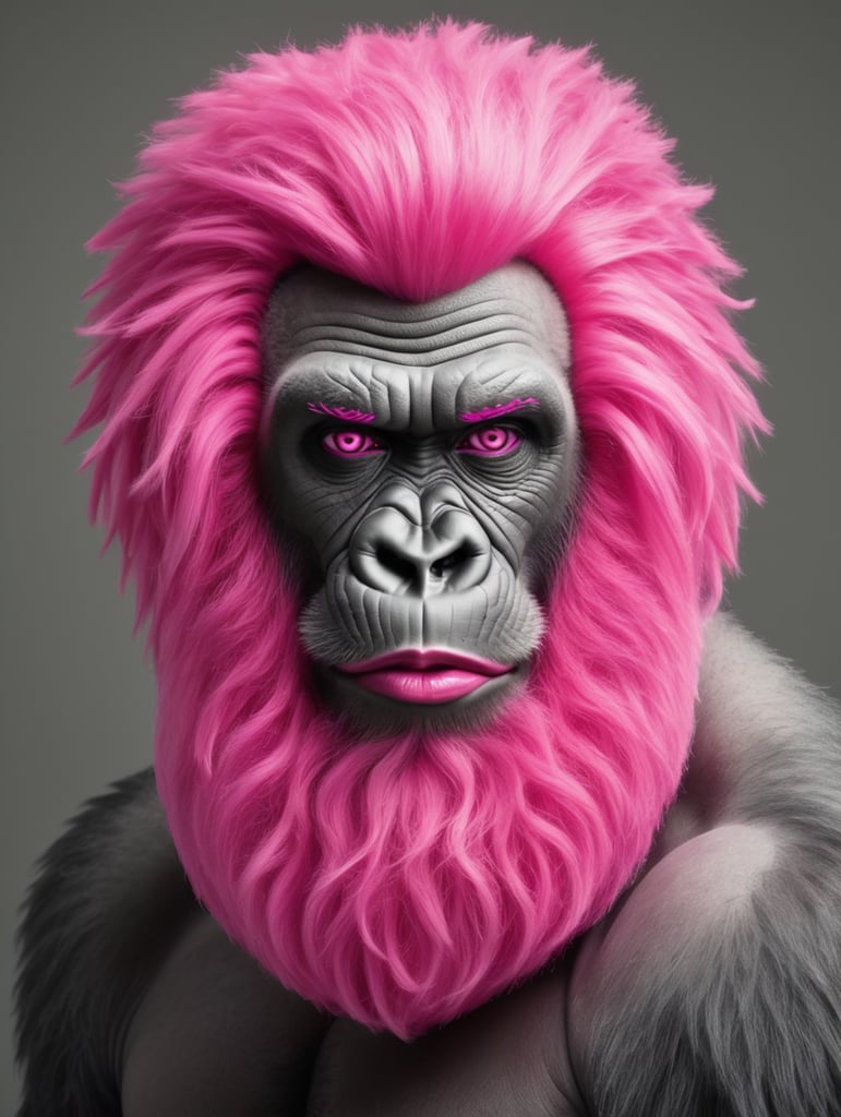 Gorilla with a hot pink wig and a hot pink beard