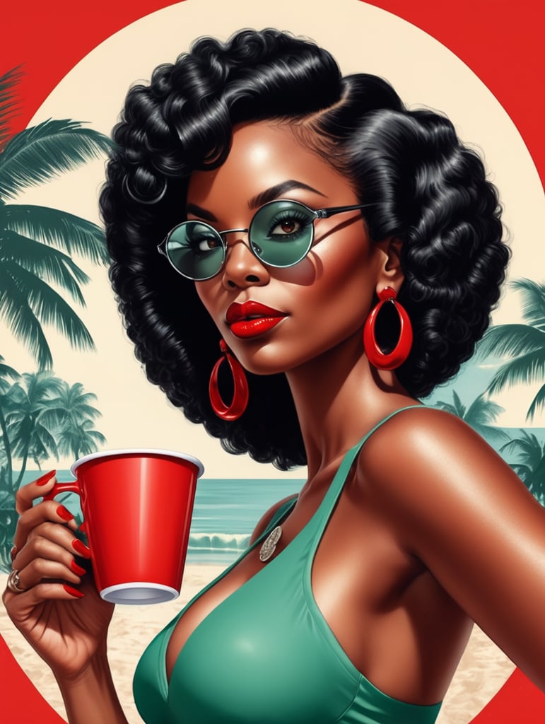 Miami black woman holding a red cup eye-catching poster-style drawing and illustration representing the iconic pulp style.
