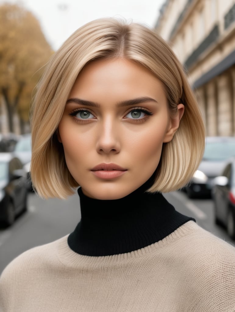 Beautiful fashion models, blonde, clear eyes, black turtleneck sweater, face view, bob haircut, portrait close up, paris street background, film, photography quality, high detail, high quality.