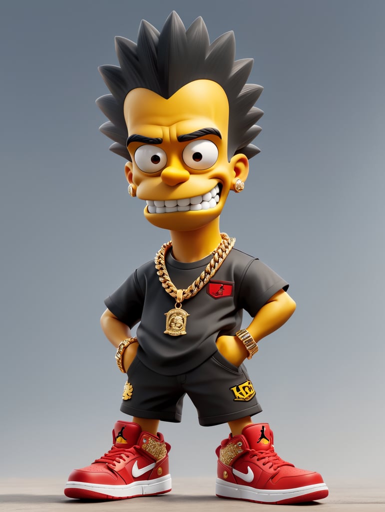 thug bart simpson wearing gold chains, gold grill, and new red and white Jordan #12 shoes