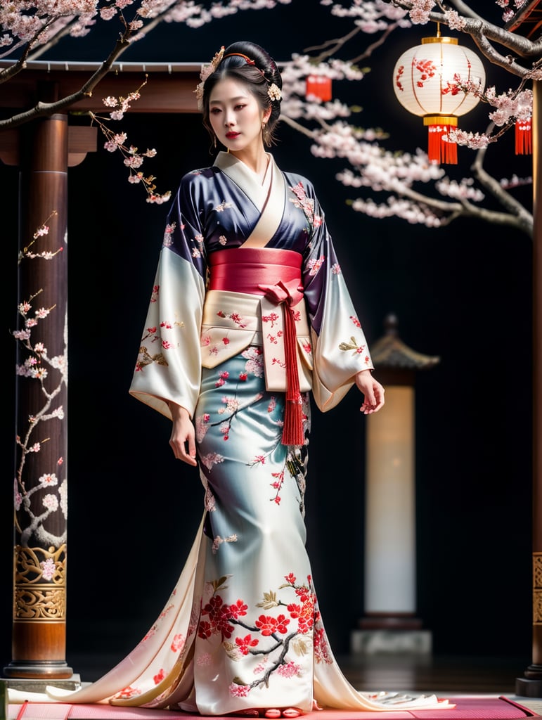 Geisha in a transparent kimono with cherry blossom embroidery in golden threads walks on a flowery podium in a palace lit by moonlight. Scene: A palace with high walls and windows through which the moonlight shines. A flowery podium decorated with cherry blossom branches. A geisha in traditional Japanese clothing consisting of a transparent kimono and a kimono with cherry blossom embroidery in golden threads. The geisha walks on the podium, as if gliding on flowers. Details: The cherry blossom flowers on the podium are different colors, from white to pink. The geisha's kimono is made of transparent fabric, through which her body is visible. The kimono with cherry blossom embroidery in golden threads shines in the moonlight. The geisha has a graceful posture and walks on the podium as if gliding on flowers.
