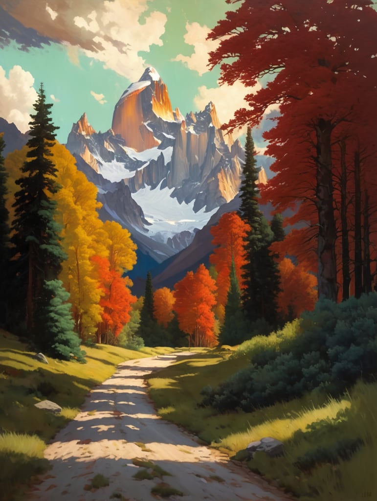 Painting by sargent and rhads and leyendecker and greg hildebrandt evening sky, low thunder clouds foothpath with trees at indian summer with zugspitze fitz roy in background, colours green, red, blue black and white