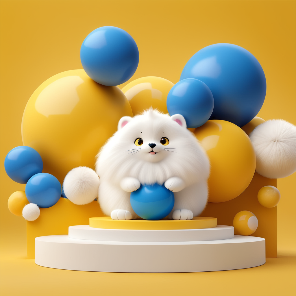 Modern minimal layout podium display with fluffy balls yellow background 3d rendering