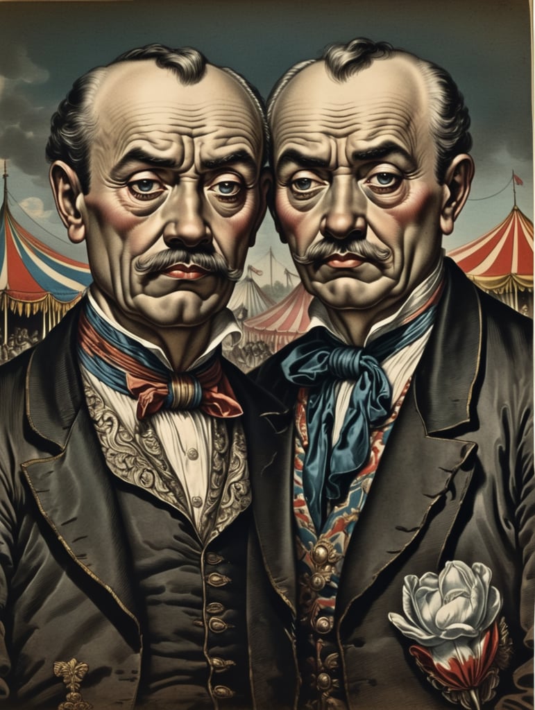 An old engraving by Hendrick Goltzius, postcard illustration, full body portrait, very old and sad siamese twins, standing alone in front of a circus tent