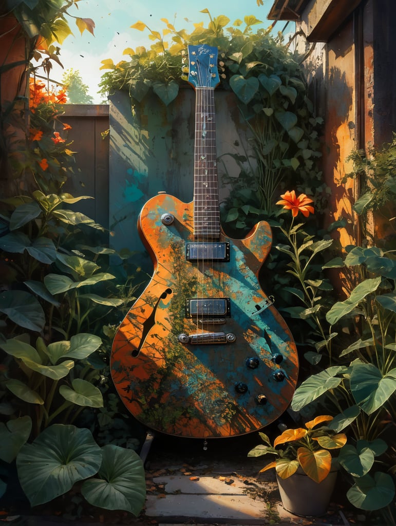 A garden where the plants are made of guitars