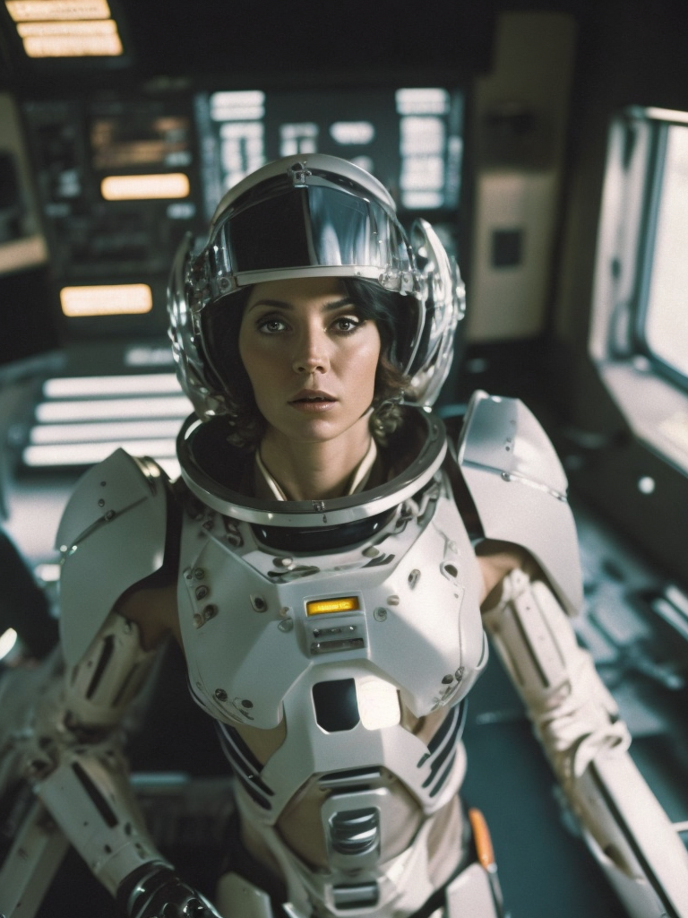 as a female cyborg, 70's sci fi, film grab, retrofuturistic, she's piloting a spaceship, 50mm, wide shot, fully body shot, Kodachrome, 1977, visible film grain