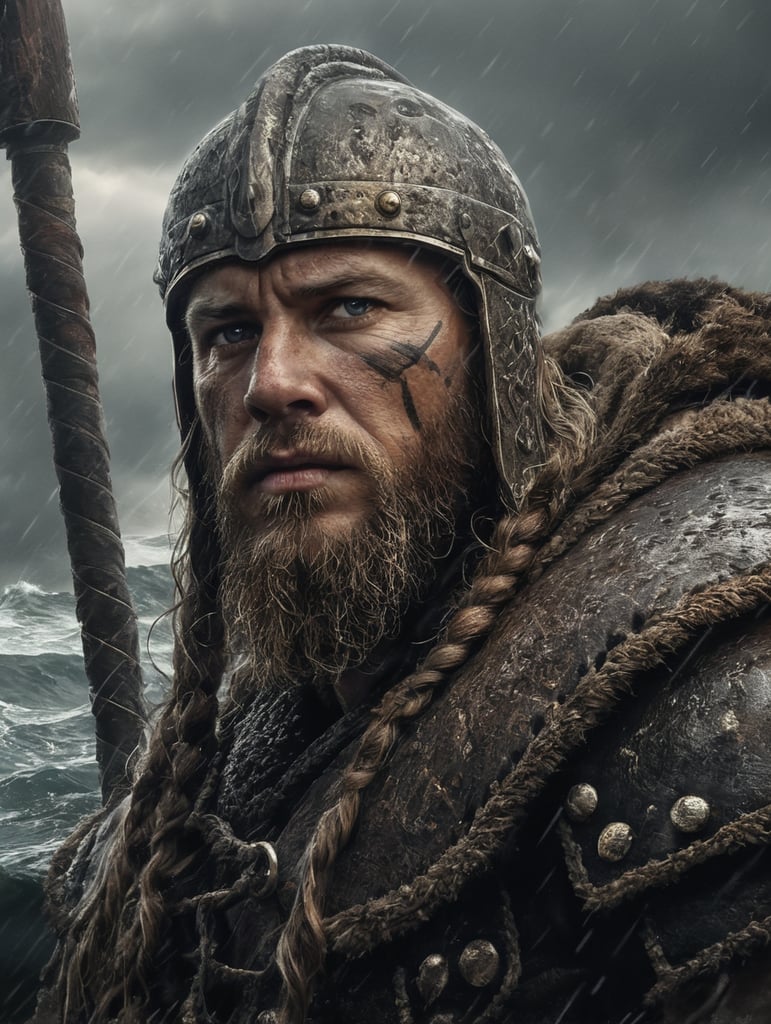 A concept art portrait of viking warrior at the boat in the ocean, stormy and gloomy weather