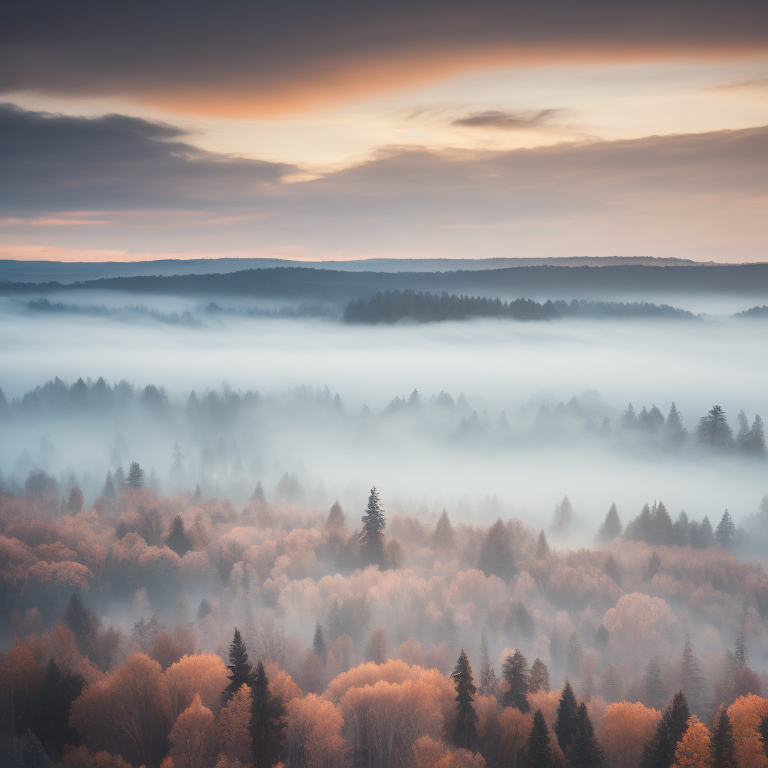 arial image of a hazy dark blue forest with wet grass that reflect a red sky with clouds
