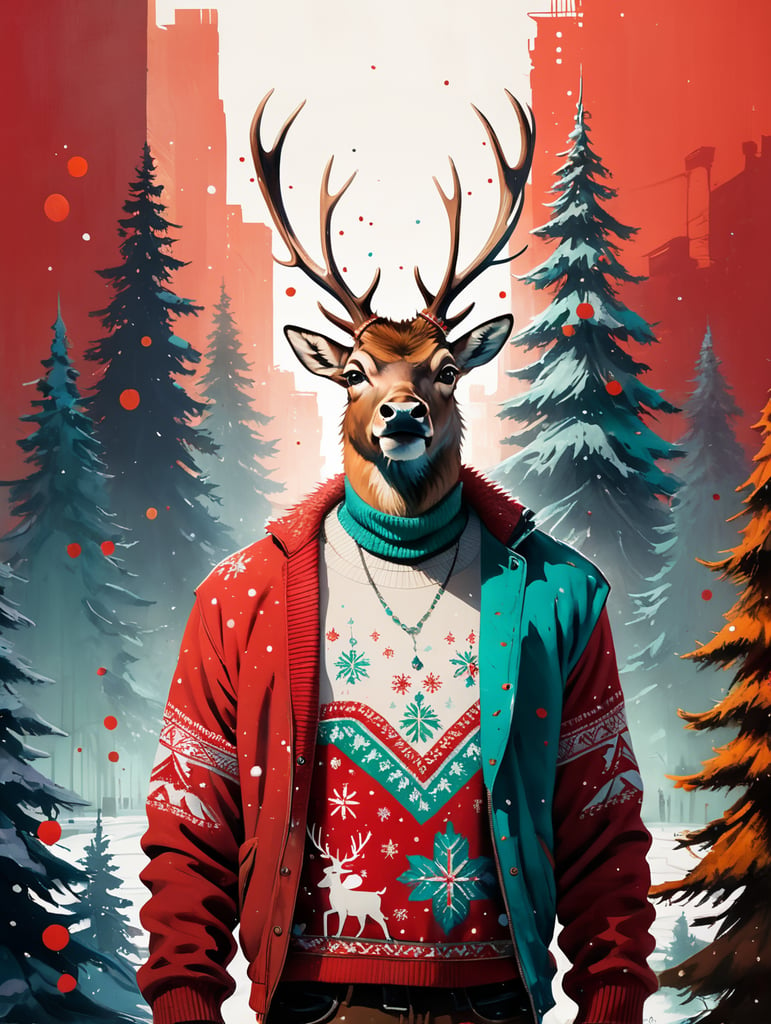Rudolph the reindeer standing wearing an ugly Christmas sweater red background