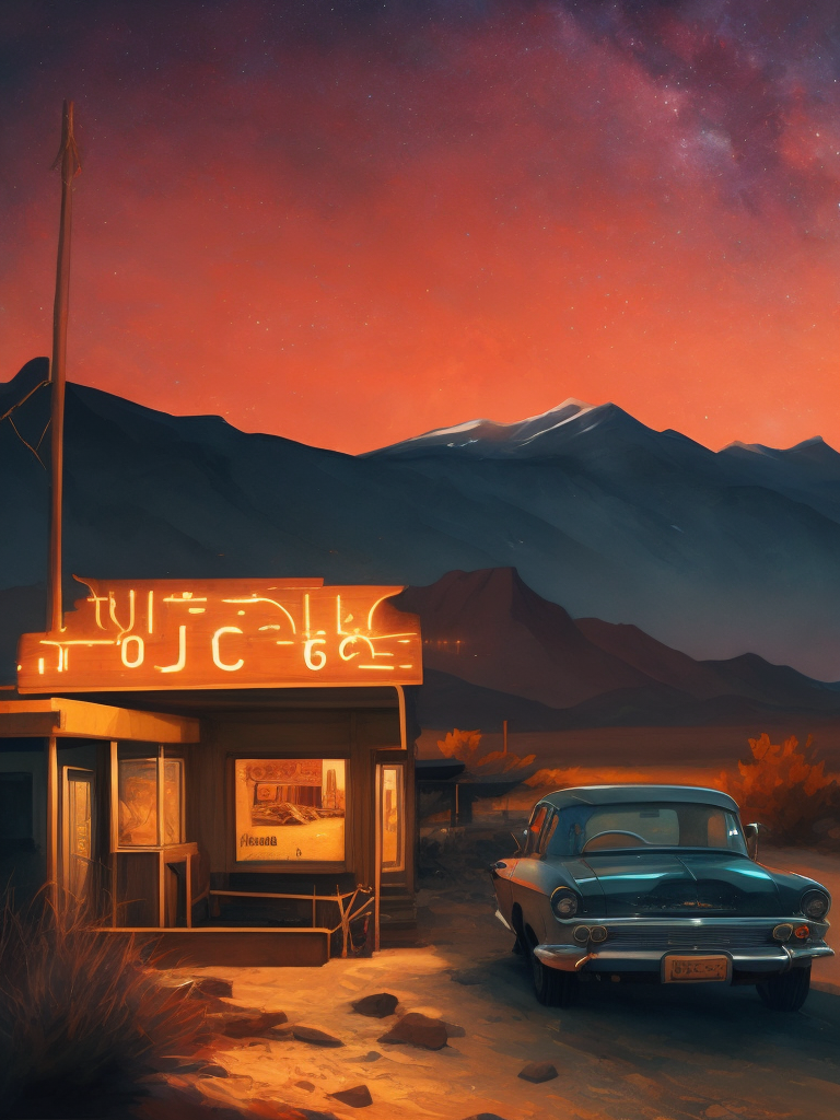 Small vintage motel located near the highway with a large neon sign, night with starry sky, bright colors, contrasting shadows, deep dark atmosphere, tumbleweed, desert and mountains on the horizon, incredible details, sharp focus