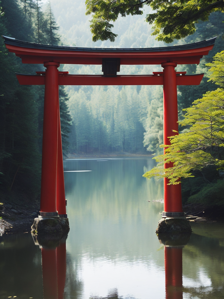 Red torii gate in middle of a lake, Dense forest on the edge of the lake, Bright and saturated colors, Japanese culture, photorealistic, contrast light