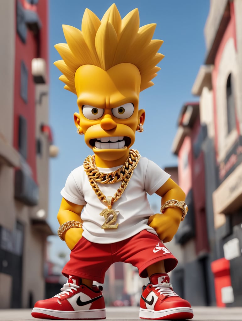 thug bart simpson wearing gold chains, gold grill, and new red and white Jordan #12 shoes